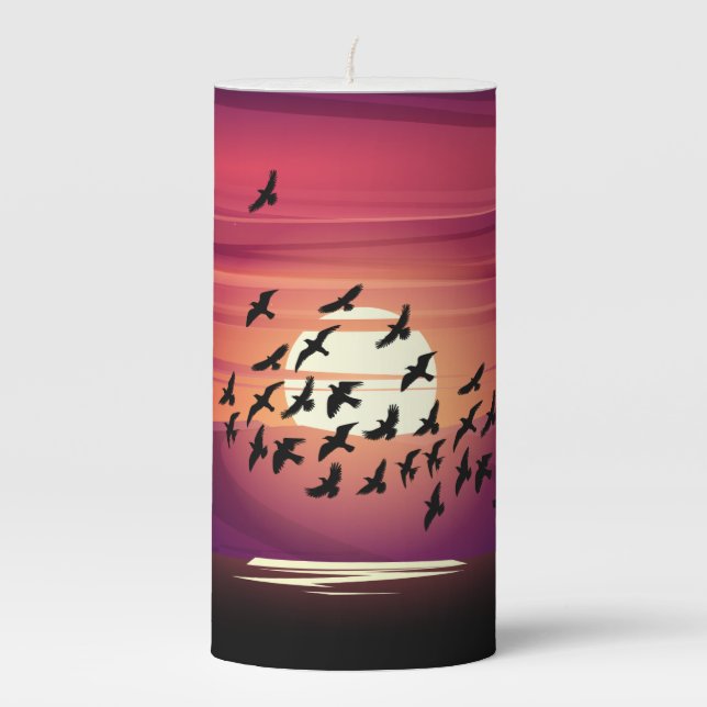 Sunset Crows, BlackBirds Ravens Pillar Candle (Front)