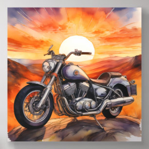 Sunset Cruiser Motorcycle on Scenic Mountain Lands Acrylic Photo Tile