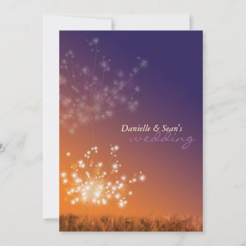Dandelions in Sunset, Orange Purple Floral Wedding Invitation