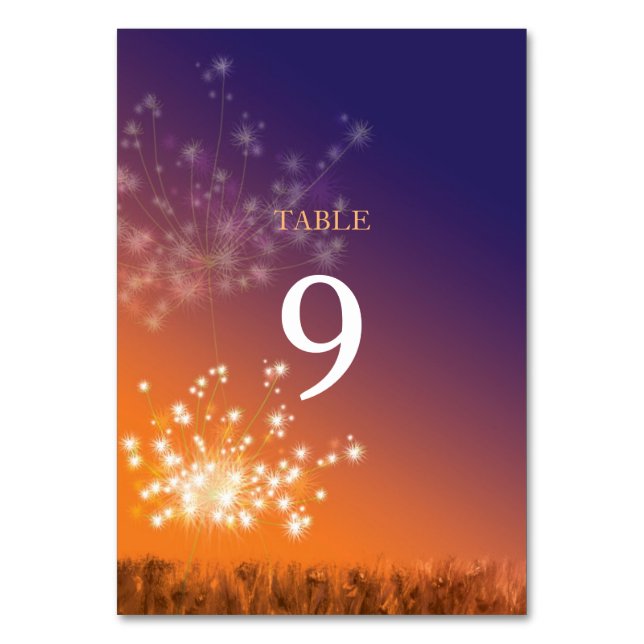 Sunset Dandelions Ombre Wedding Table Number (Front)