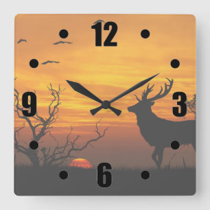 Sunset Deer Silhouette Square Wall Clock