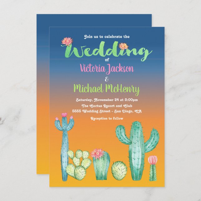 Sunset Desert Cactus Wedding Invitation (Front/Back)