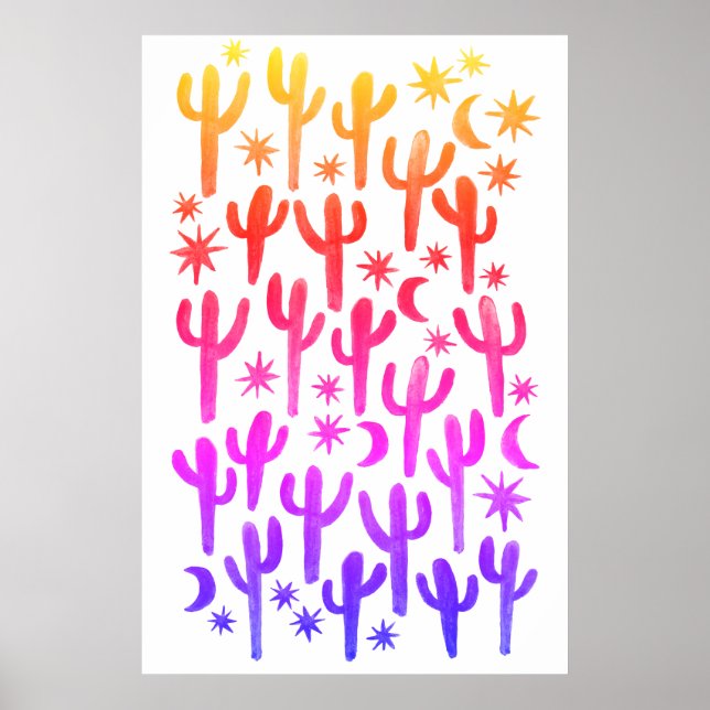 Sunset Desert Fun Cactus Pink Pattern Watercolor Poster (Front)