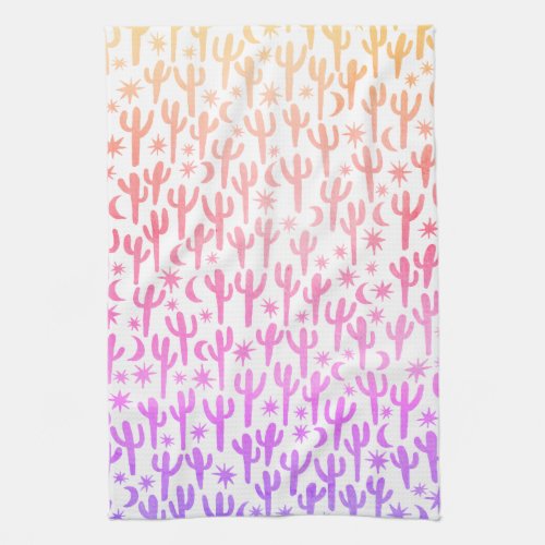 Sunset Desert Saguaro Cactus Pattern Watercolor Kitchen Towel