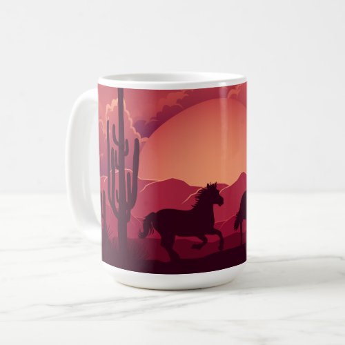 Sunset Desert Wild Horses Running  Coffee Mug