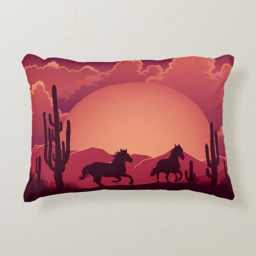 Sunset Desert Wild Running Horses  Accent Pillow