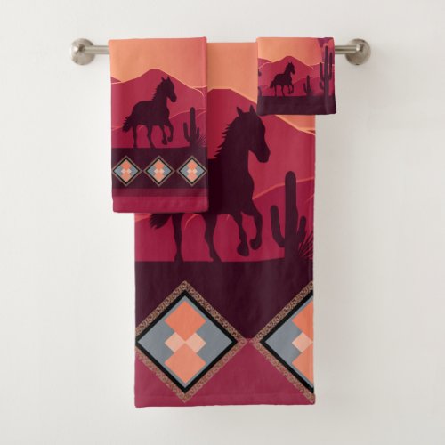 Sunset Desert Wild Running Horses  Bath Towel Set