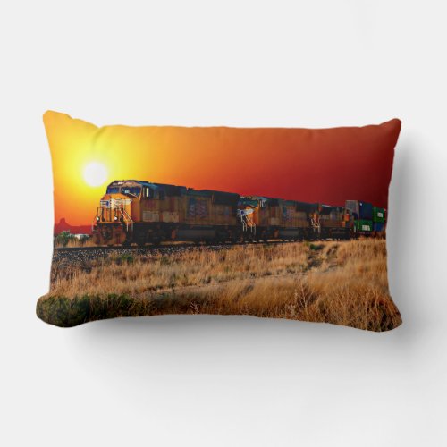 Sunset Diesel Locomotive Freight Train  Lumbar Pillow