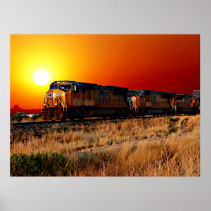 Sunset Diesel Locomotive Train 32"x24" Poster