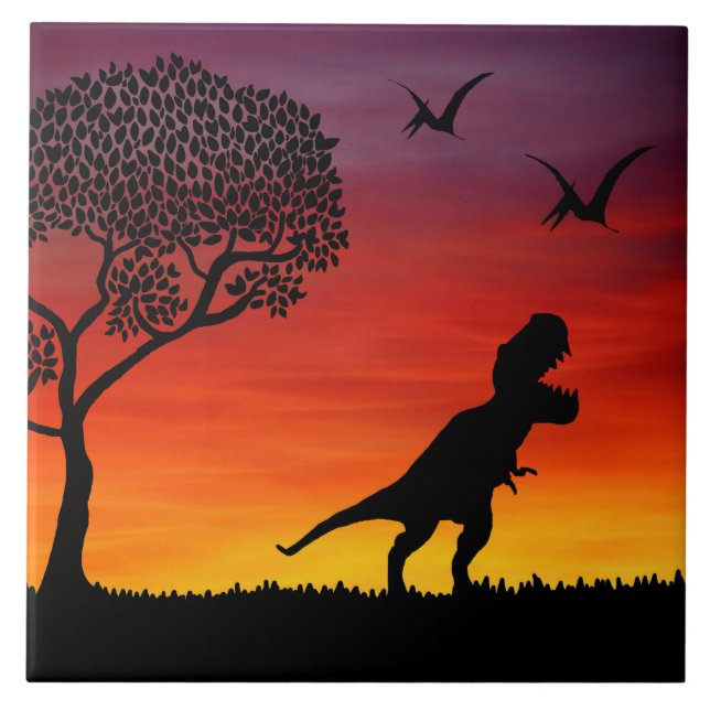 Sunset Dinosaur Scene Ceramic Tile (Front)
