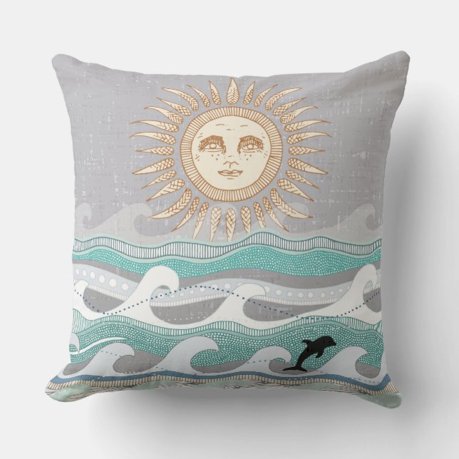 sunset dolphin waves throw pillow (Front)