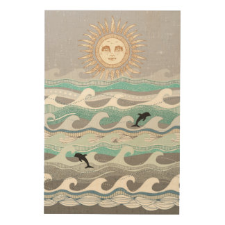 sunset dolphin waves wood wall art