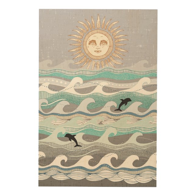 sunset dolphin waves wood wall art (Front)