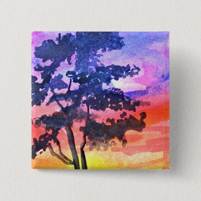 Sunset Dreaming landscape watercolor art Button (Front)