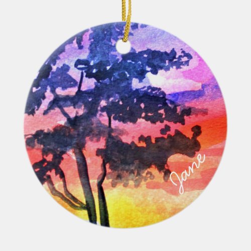 Sunset Dreaming landscape watercolor art Ceramic Ornament