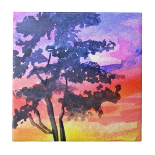 Sunset Dreaming landscape watercolor art Ceramic Tile