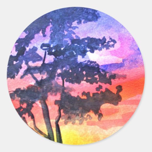 Sunset Dreaming landscape watercolor art Classic Round Sticker