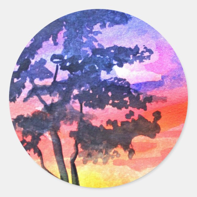 Sunset Dreaming landscape watercolor art Classic Round Sticker (Front)