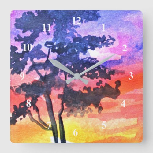 Sunset Dreaming landscape watercolor art Square Wall Clock