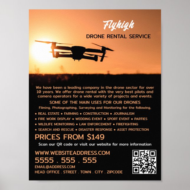 Sunset Drone Silhouette, Drone Rental Company Poster (Front)
