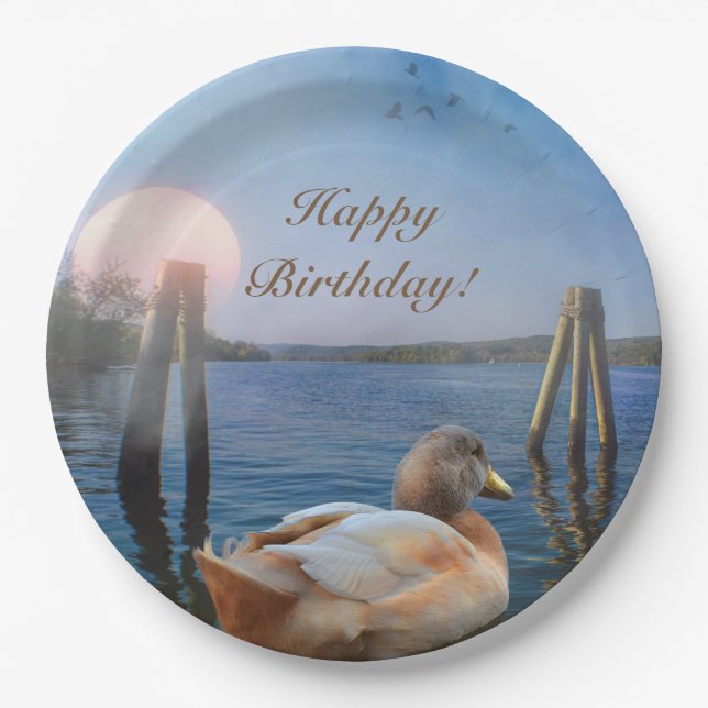 Sunset Duck Happy Birthday Paper Plates (Front)