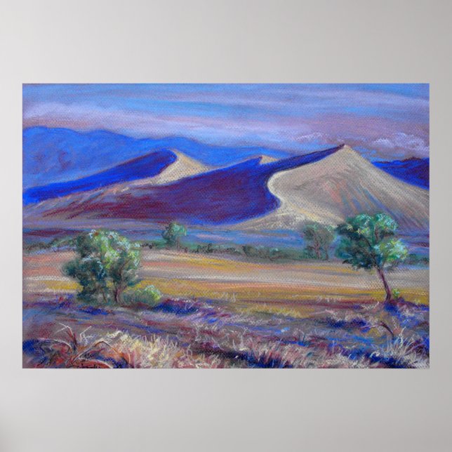 Sunset Dunes, Distant Mountains and Trees Poster (Front)