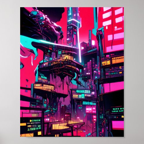 Sunset Dystopian City _ Neon Ink Illustration Poster