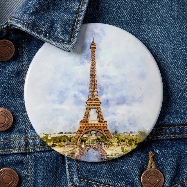 Sunset Eiffel Tower Paris French Watercolor Button (Sunset Eiffel Tower Paris French Watercolor. Button)