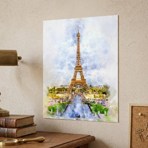 Sunset Eiffel Tower Paris French Watercolor Poster