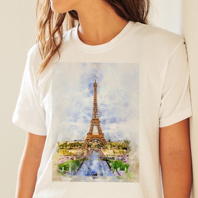 Sunset Eiffel Tower Paris French Watercolor T-Shirt (Sunset Eiffel Tower Paris French Watercolor. Women Basic White T-Shirt)