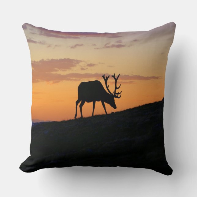 Sunset Elk Silhouette Throw Pillow (Front)