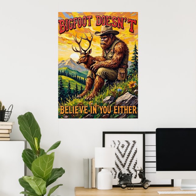 Sunset Embrace: Sasquatch and the Gentle Fawn Poster (Home Office)