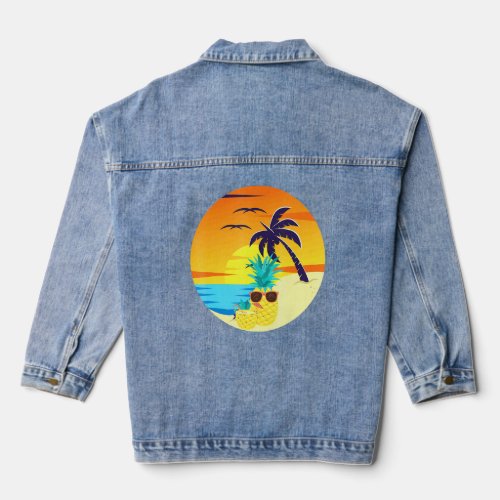 Sunset Exotic Pineapple Beach Palm Trees Tropical  Denim Jacket