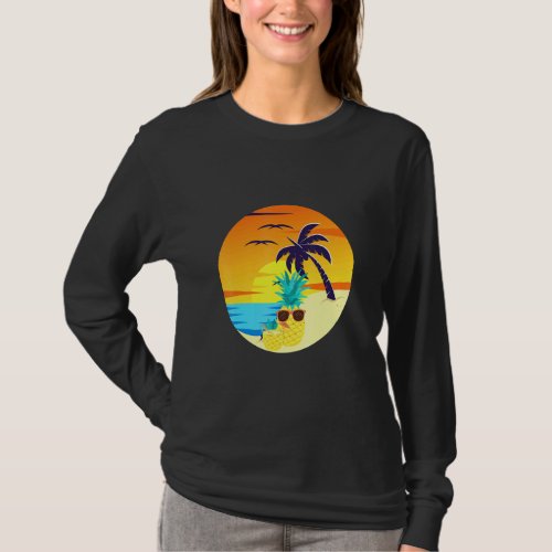 Sunset Exotic Pineapple Beach Palm Trees Tropical  T_Shirt