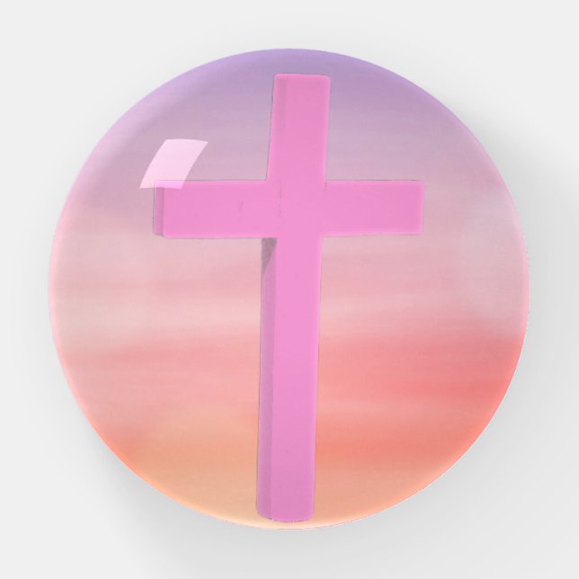 Sunset Faith Pink Cross Glass Paperweight (Front)