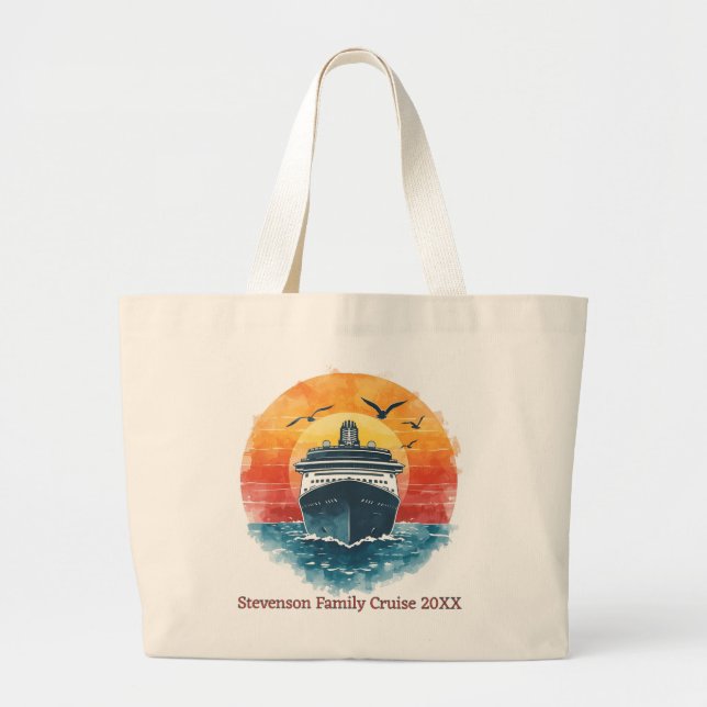 Sunset Family Name Vacation Cruise Ship Keepsake Large Tote Bag (Front)
