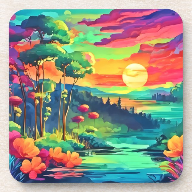 Sunset Fantasy Landscape Beverage Coaster (Front)