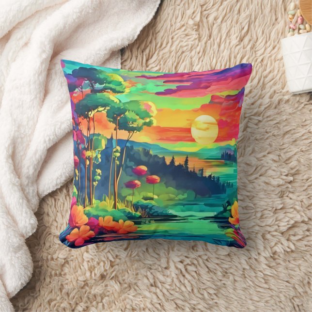 Sunset Fantasy Landscape Throw Pillow (Blanket)
