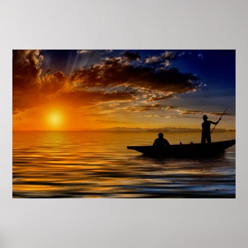 Sunset fishing boat poster