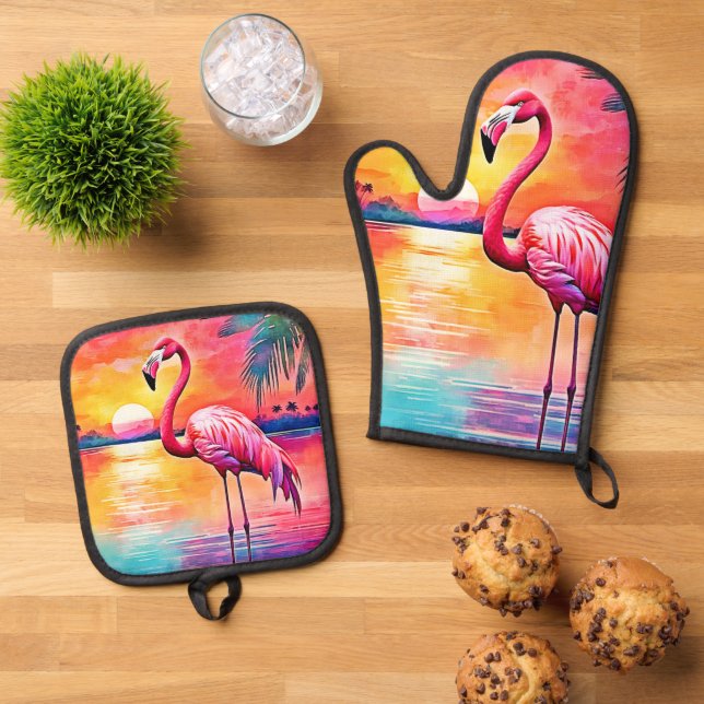 Sunset Flamingo Art Design Oven Mitt & Pot Holder Set (Top Down)