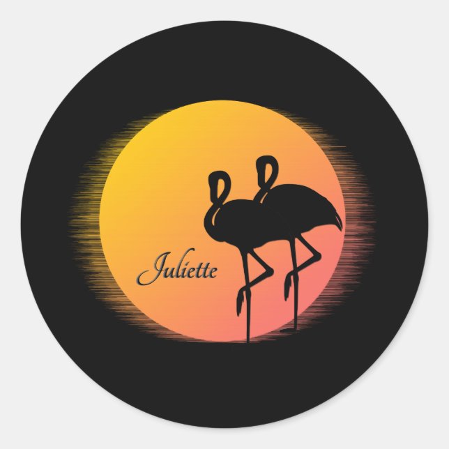 Sunset Flamingos Personal with Name Classic Round Sticker (Front)
