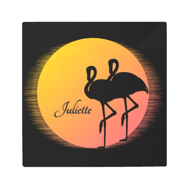 Sunset Flamingos Personal with Name Metal Print (Front)