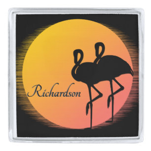 Sunset Flamingos Personal with Name Silver Finish Lapel Pin