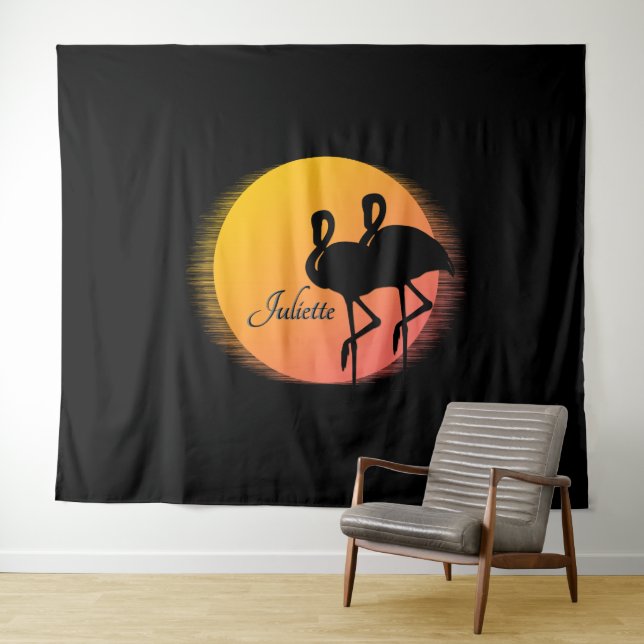 Sunset Flamingos Personal with Name Tapestry (In Situ (Horizontal))