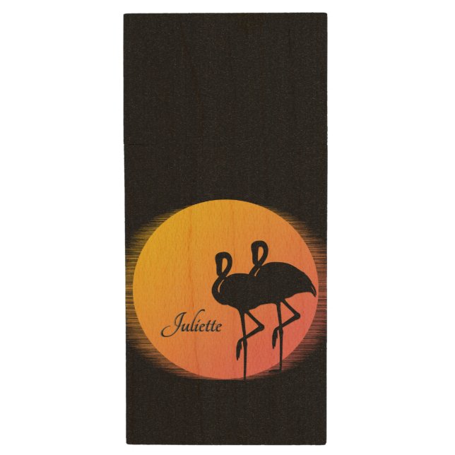 Sunset Flamingos Personal with Name Wood Flash Drive (Front Vertical)