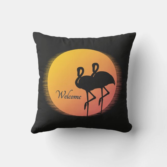 Sunset Flamingos Welcome Outdoor Pillow (Back)