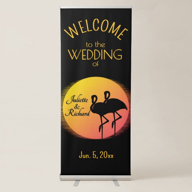 Sunset Flamingos Welcome Wedding Date Names Retractable Banner (Front)