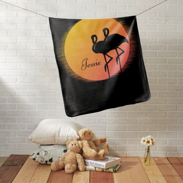 Sunset Flamingos with Baby Name Custom Script Blanket (In Situ)