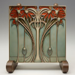 Sunset Flourish Art Nouveau Ceramic Tile<br><div class="desc">Infuse your home with the lush, romantic allure of the Art Nouveau era through this exquisitely designed ceramic tile. A quartet of blooms in radiant shades of sunset orange and terracotta unfurls elegantly against a backdrop of soft sage and eucalyptus green. The fluidity of their stems, highlighted by burnished copper...</div>