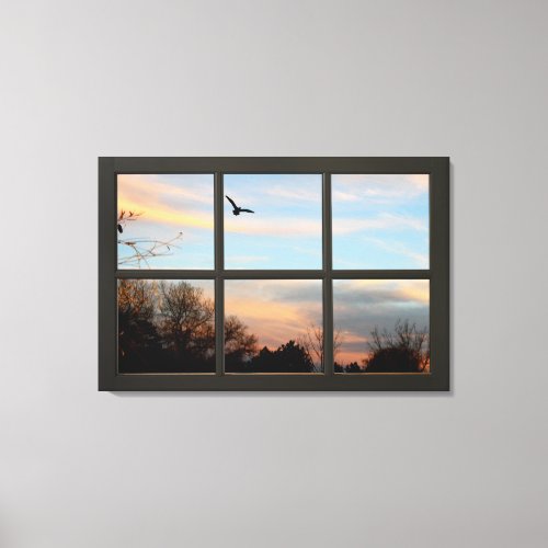 Sunset Flying Bird Black Fake Window Illusion Canvas Print
